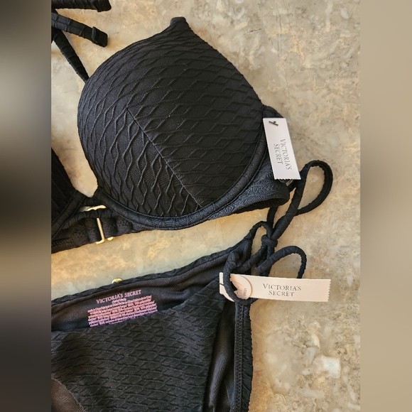 34B/XS/S VS Swim Bombshell PushUp Bikini Top Side Tie Cheeky Bikini Set Black - Picture 3 of 8